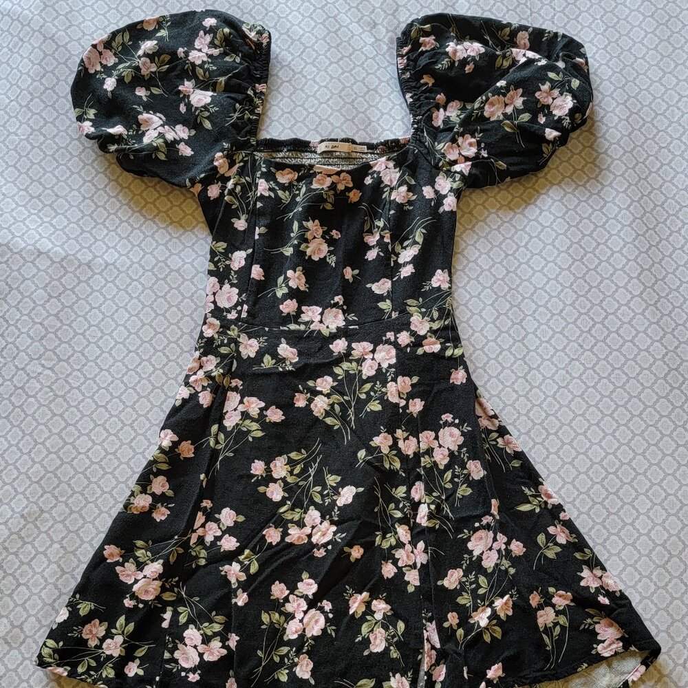 black floral mini dress w/ open back